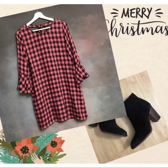Cloth & Stone Sz S Red Black Buffalo Plaid Checkered Tunic Dress Bell Sleeve - Picture 3 of 13